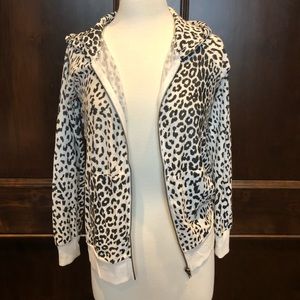 Leopard/Cheetah print black & white hooded full zip sweater.